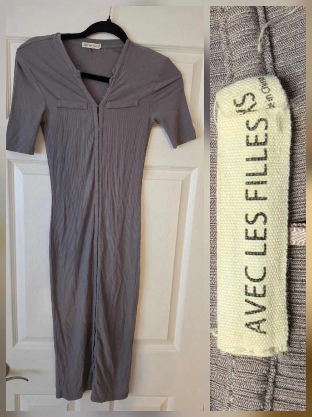 AVEC LES FILLES Midi Dress Sz XS Hook-Front Knit Gray Bodycon Short Sleeves
